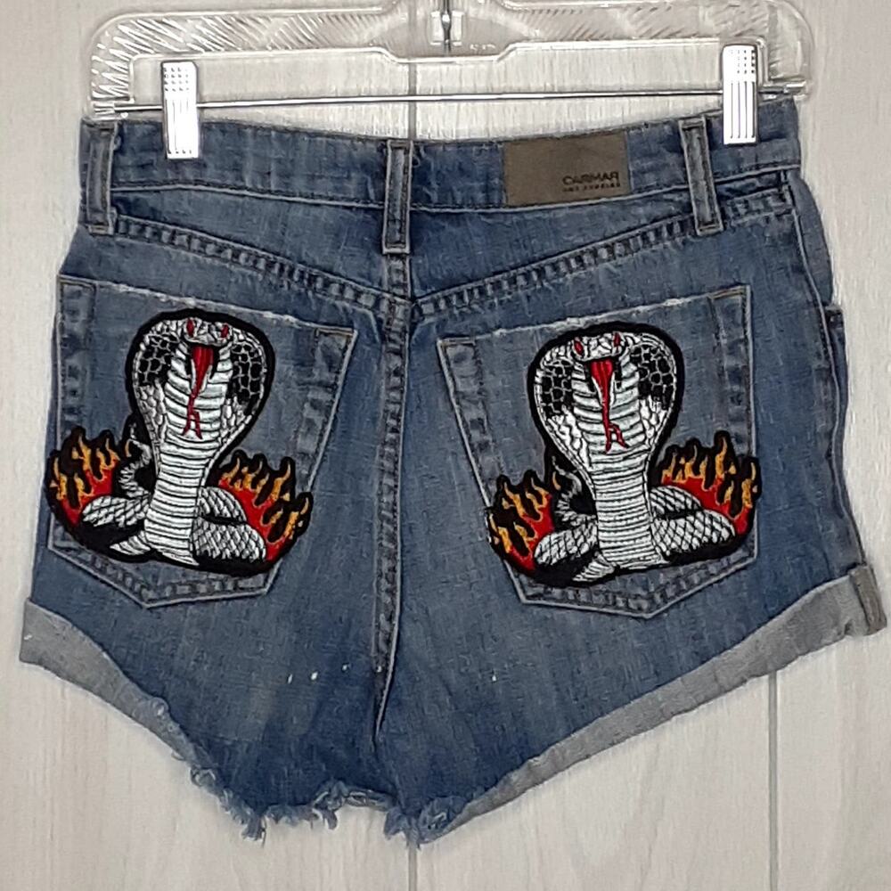 Carmar Distressed Shorts Button Fly Embroidered Cobras on Back Pockets Size 25